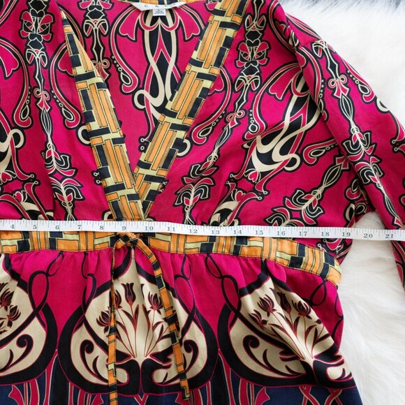 CAbi Chelsea Tunic SzL Colorful 100% Silk Babydoll Empire Waist Tie 3/4 Sleeve - Picture 7 of 9